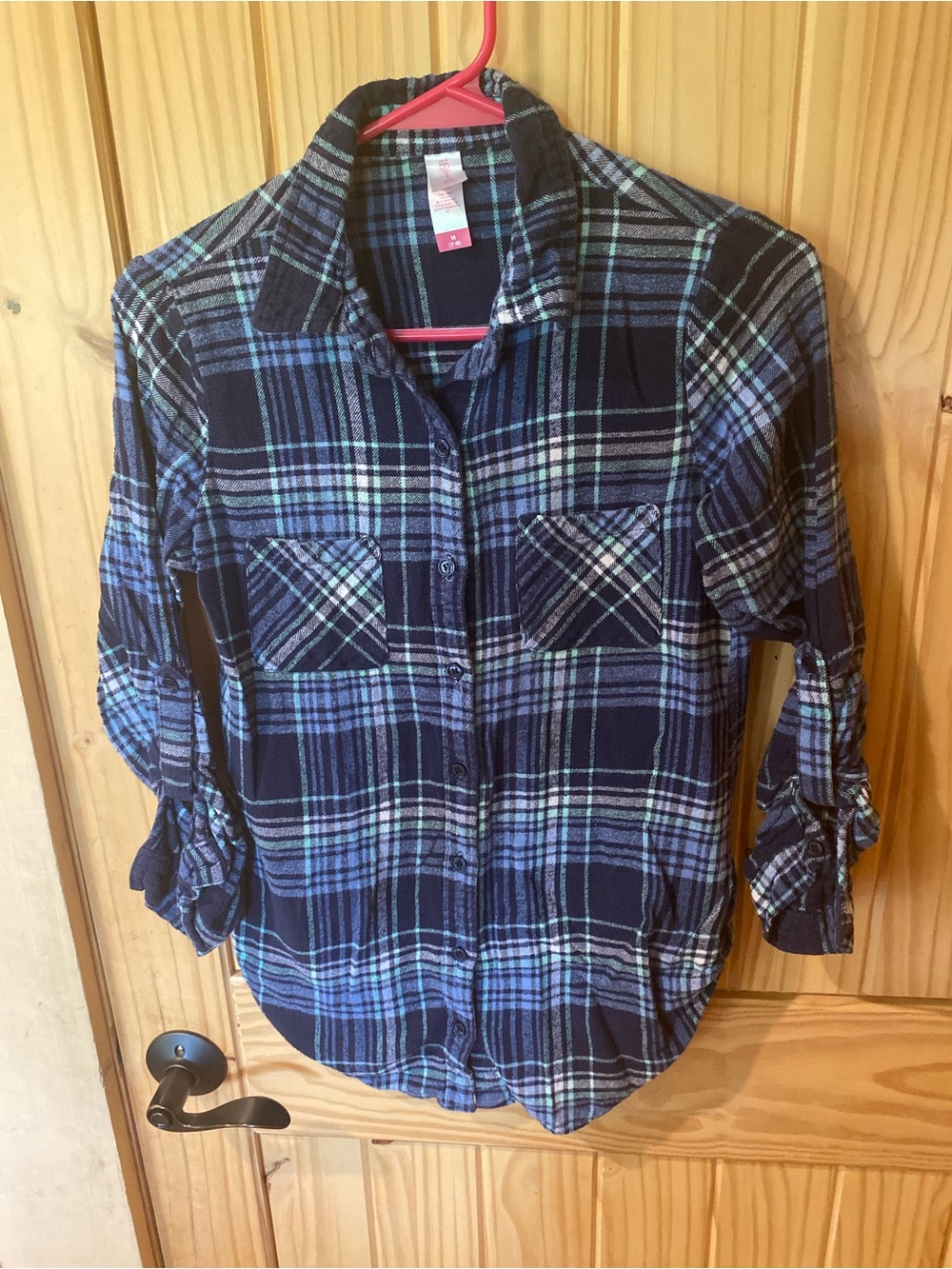 No Boundaries Navy Plaid Shirt with Teal and White Stripes